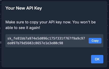 Generated API Key display